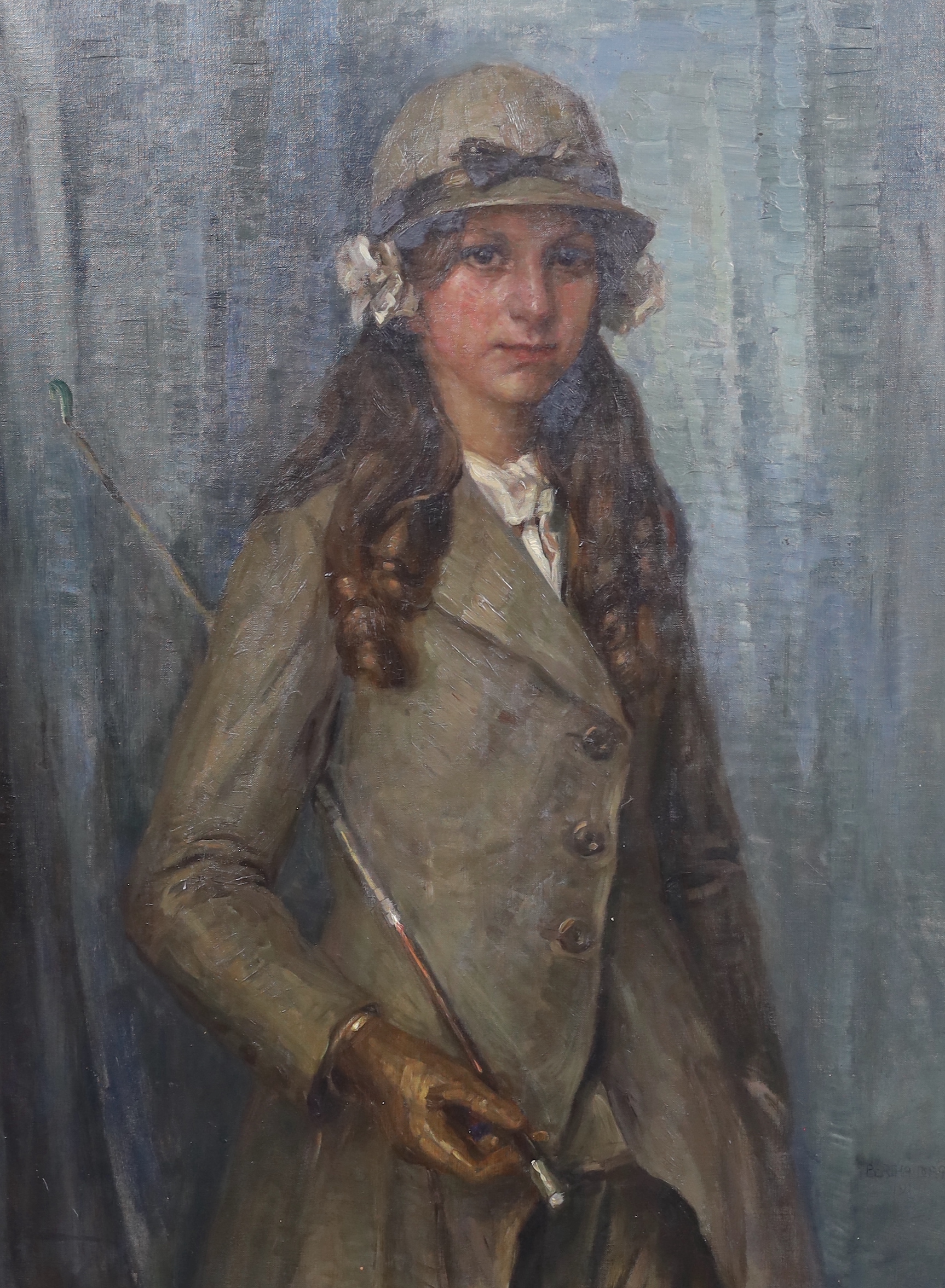 English School c.1900 , Three quarter length portrait of a young woman in riding attire, oil on canvas, 98 x 72cm
